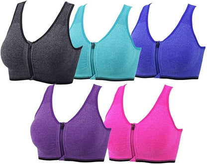 5PCS Women'S Zip Front Sports Bra Post-Surgery Bra Zipper Front Wirefree Removable Pads Yoga Bra Racerback Workout Bras