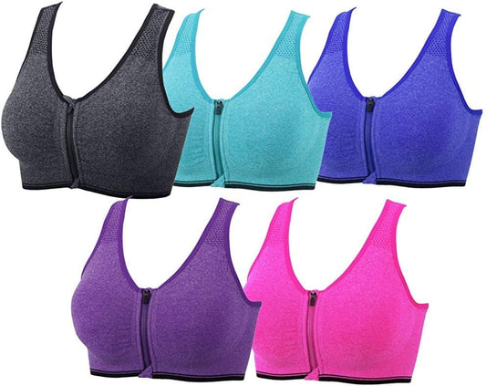 5PCS Women'S Zip Front Sports Bra Post-Surgery Bra Zipper Front Wirefree Removable Pads Yoga Bra Racerback Workout Bras