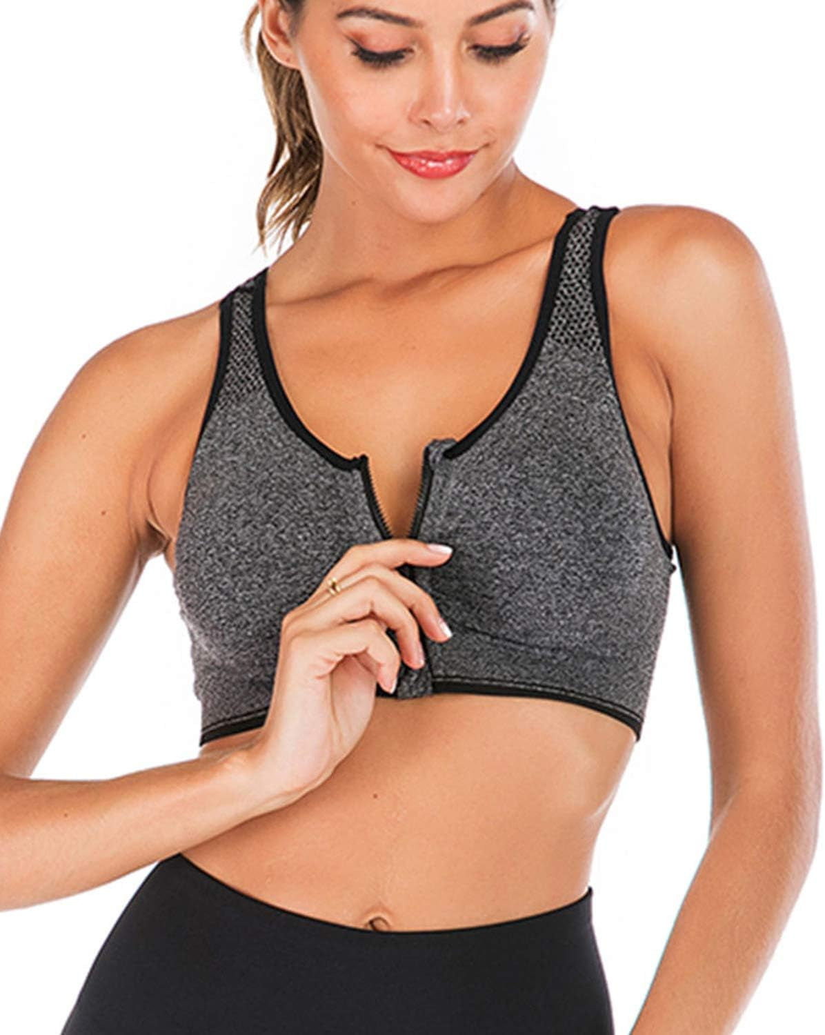 5PCS Women'S Zip Front Sports Bra Post-Surgery Bra Zipper Front Wirefree Removable Pads Yoga Bra Racerback Workout Bras